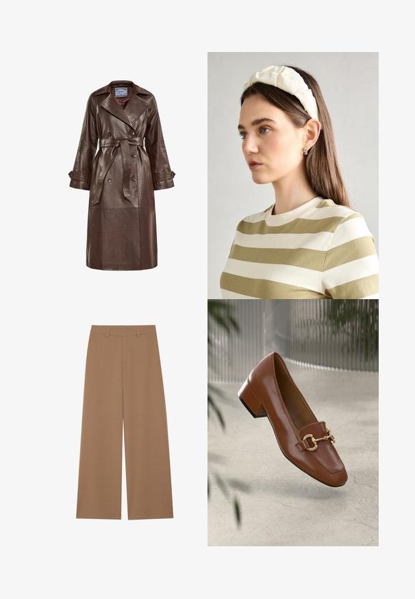 Palton din piele maro, cu talie evidențiată prin curea, guler mare, nasturi dubli și mâneci largi. Textură netedă cu un finisaj lucios.; Tricou cu mâneci lungi și gât rotunjit, din material alb moale și ușor, cu o croială lejeră. Prezintă un tiv curat și nu are elemente de prindere vizibile.; Pantaloni wide-leg de culoare maro solid, realizati dintr-un material texturat; au o talie inalta si un design structurat, cu bucle pentru curea.; Mocasini din piele patent cafenie, cu vârf pătrat, accent cu lanț metalic și toc mic; textură netedă, design minimalist.; Bandă de cap din material moale, de culoare crem, cu un design răsucit, purtată alături de o bluză în dungi bej și albă, cu guler rotund. Accente discrete din bijuterii.