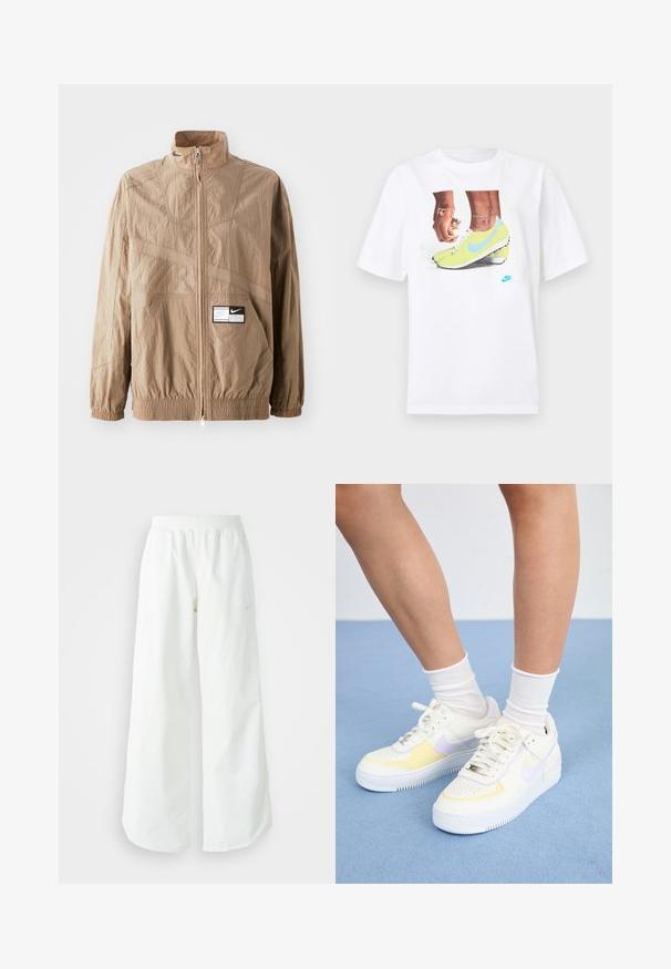 Ανοιχτό καφέ σακάκι από nylon με ψηλό γιακά, κλείσιμο με φερμουάρ, ελαστικούς καρπούς και μπροστινή τσέπη. Διαθέτει υφαντά σχέδια και λογότυπο.; Λευκό βαμβακερό μπλουζάκι που απεικονίζει μια γραφική αναπαράσταση ποδιών με κίτρινα παπούτσια Nike και μπλε λεπτομέρειες, συνδυασμένο με ένα βραχιόλι στον αριστερό καρπό.; Λευκό αθλητικό παντελόνι σε φαρδιά γραμμή με ραμμένο ζώνη και διακριτική λεπτομέρεια λογότυπου. Απαλή υφή με άνετη εφαρμογή και στενό στρίφωμα.; Λευκά δερμάτινα αθλητικά παπούτσια με κίτρινες και λιλά λεπτομέρειες, στρογγυλή μύτη, επίπεδες κορδόνια και υφασμάτινη σόλα από καουτσούκ με υφή. Φοριούνται με λευκές κάλτσες.