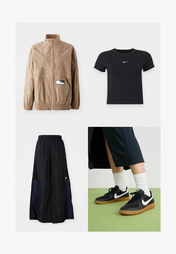Světle hnědá nylonová bunda s vysokým límcem, zipovým zapínáním, elastickými manžetami a přední kapsou. Obsahuje texturované vzory a logo nášivku.; Černé tričko s krátkým rukávem vyrobené z bavlny s kulatým výstřihem. Na hrudi se nachází bílé logo Nike, minimalistický design a přiléhavý střih.; Černé kalhoty širokého střihu vyrobené z lehkého materiálu, s námořnickou modrou bočním panelem a elastickým pasem. Malé bílé logo na spodní části.; Černé kožené a syntetické tenisky s bílým logem Nike, gumovou podrážkou, kulatou špičkou a černými tkaničkami. Viditelné žebrované bílé ponožky.
