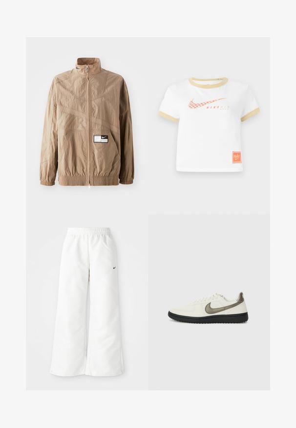 Šviesiai rudos nailono striukė su aukštu apykakle, užtrauktuku, elastiniais rankogaliais ir priekiu skirta kišenei. Puošia tekstūruoti raštai ir logotipo aplikacija.; Balta marškinėliai su auksine apdaila, turintys raudoną languotą Nike swoosh logotipą, tekstą „NIKE AIR“ ir mažą oranžinę Nike etiketę ant apatinės dalies.; Baltos sportinės kelnės su plačiais šonais, elastinga juosta ir mažuoju juodu Nike logotipu kairėje pusėje. Lygus, lengvas medžiagos audinys.; Nike Sportswear FIELD GENERAL - Sportbačiai - off-white/black