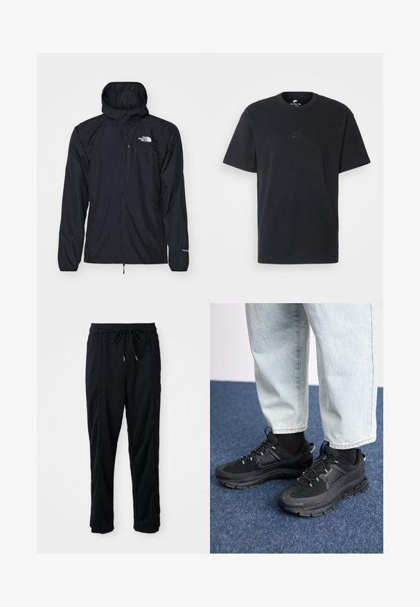 Schwarze wasserdichte Jacke mit Kapuze, Reißverschluss vorne, elastischen Bündchen und einer kleinen Brusttasche. Mit dem weißen "The North Face"-Logo.; Schwarzes Baumwoll-T-Shirt von Nike mit klassischem Rundhalsausschnitt, kurzen Ärmeln und einem dezenten, geprägten Logo auf der Brust. Glatte Textur.; Schwarze lässige Hosen mit Kordelzug und seitlichen Eingrifftaschen sowie geradem Bein auf einem einfarbigen Hintergrund.; Schwarze Sportschuhe aus strukturiertem Stoff mit Gummisohlen, ausgestattet mit elastischen Schnürsenkeln und einem blauen Akzent an der Ferse. Getragen mit hellen Jeans.