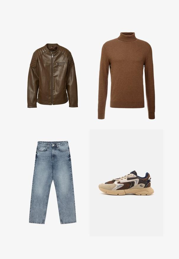 Veste en cuir marron avec fermeture éclair, détails rembourrés aux épaules et poche poitrine zippée ; texture lisse et design décontracté.; Pull en col roulé marron en tissu doux, avec des manches longues, des poignets côtelés et une coupe ajustée sans motifs visibles.; Jean en denim bleu clair avec une coupe droite, couture visible, design à cinq poches et fermeture à bouton à la taille.; Sneaker beige et marron avec des panneaux en maille texturée, des accents en daim et une semelle en caoutchouc. Présente un design à lacets et des détails de marque.
