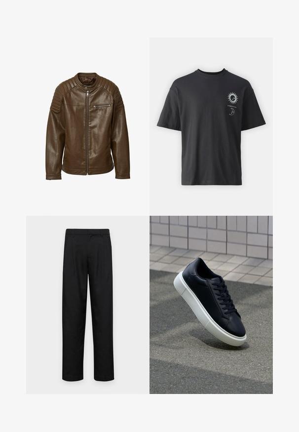Veste en cuir marron avec fermeture éclair, détails rembourrés aux épaules et poche poitrine zippée ; texture lisse et design décontracté.; T-shirt noir en coton avec des manches courtes, col rond et graphiques sur le devant d'un soleil et d'une lune, accompagné du texte "Le Soleil et La Lune."; Pantalons noirs en tissu lisse, avec une coupe droite, deux plis avant et une taille standard avec passants de ceinture.; Baskets noires en cuir avec bout arrondi et semelle en caoutchouc blanc. Elles présentent des lacets plats et une couture minimale sur la tige. Semelle texturée pour une bonne adhérence.
