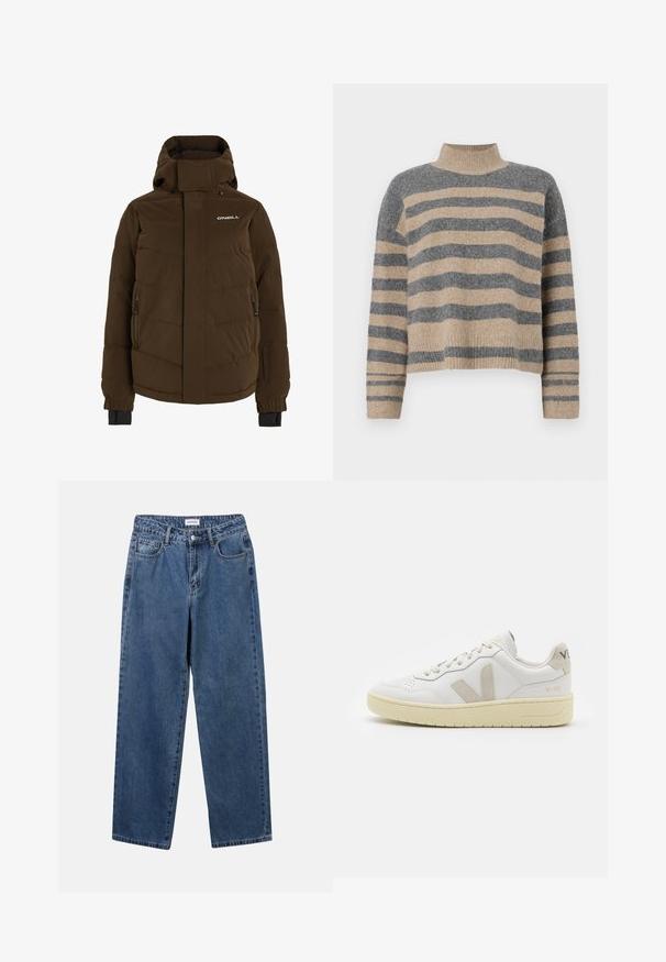 Bruine gewatteerde jas met een hoge kraag, ritssluitingen aan de zijkant en een logo op de borst. Voorzien van elastische manchetten voor een veilige pasvorm.; Gestreepte gebreide trui met grijze en beige kleuren, hoge hals, brede mouwen met manchetten en een relaxte pasvorm met een cropped ontwerp.; Klassieke blauwe denim jeans met een rechte pijp, vijf zakken en een knoopsluiting. Heeft een middelgrote wasbeurt en stevige textuur.; Witte leren sneaker met beige suède accenten, geperforeerde neus, platte veters en een gestructureerde crèmekleurige zool. Heeft subtiele branding op de hak.