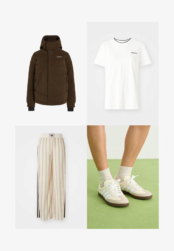 Ruda paminkštinta striukė su aukštu apykakle, užtrauktuko šoninėmis kišenėmis ir logotipu ant krūtinės. Patogumo dėlei turi elastines rankoves.; Balta medvilnė marškinėliai su trumpomis rankovėmis ir apvalia iškirpte. Ant krūtinės yra juodas Adidas logotipas, o vidinė apykaklė yra kontrastinga juoda.; Grietos spalvos plačios kelnės su zigzagų raštu, turinčios juodą logotipo juostą ir šonines juodas juosteles. Lengvas, tekstūruotas audinys.; Samba kedukai su kremine ir smėline spalvų schema, turintys tris šviesiai mėlynas juostas, baltus raištelius ir rudus guminius padus.