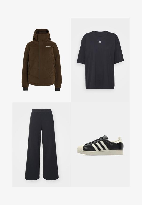 Braune gepolsterte Jacke mit hohem Kragen, seitlichen Reißverschluss-Taschen und Logo auf der Brust. Verfügt über elastische Manschetten für eine sichere Passform.; Schwarzes Baumwoll-T-Shirt mit kurzen Ärmeln, rundem Halsausschnitt, mit einem weißen Adidas-Logo auf der Brust. Einfaches Design, lockere Passform.; Schwarze weite Sweatpants aus weichem Material, mit einem elastischen Taillenbund und einem kleinen Logo auf der linken Seite.; Schwarze Ledersneaker mit weißen Streifen, Gummikappe, schwarzen Schnürsenkeln und einer cremefarbenen Sohle. Glatte Textur mit glänzender Oberfläche.