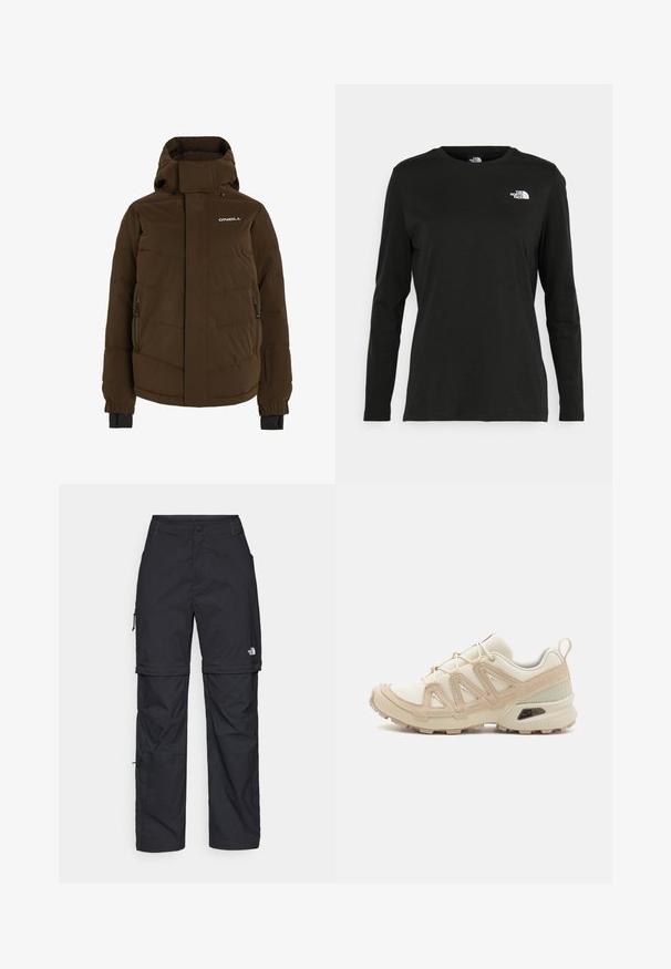 Casaco acolchoado castanho com colarinho alto, bolsos laterais com fecho e logótipo no peito. Inclui punhos elásticos para um ajuste seguro.; T-shirt preto de mangas longas, feito de algodão, com decote redondo. Apresenta um pequeno logótipo branco na área esquerda do peito. Design simples e ajuste confortável.; Calças cargo pretas em nylon com fechos de correr removíveis, punhos ajustáveis, múltiplos bolsos e um logótipo na perna direita. Textura suave e leve.; Sapatilha atlética beige e creme com parte superior em malha texturizada, sobreposições de suporte e sola de borracha com um padrão de cravo para tração.
