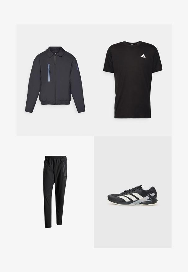 Sort jakke med glidelås foran, krage og ribbede mansjetter. To vertikale blå detaljer på brystet, med et merket festet til glidelåsen.; Svart bomulls t-skjorte med korte ermer, rund hals og en hvit logo på venstre bryst. Glatt tekstur og enkelt design.; Svarte treningsbukser med elastisk liv, to glidelåslommer på sidene, avsmalnende ben og en subtil logo detalj ved hoften.; Svart treningssko med hvite striper, mesh-overdel, avrundet tå og polstret såle. Har en teksturert hæl og et sikkert snøresystem.