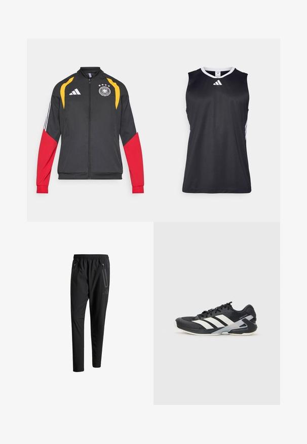 Čierna bunda s červenými a žltými akcentmi, so tromi bielymi pruhmi na rukávoch a emblémom nemeckého tímu na hrudi, vyrobená z ľahkej látky.; Čierne bezrukávové športové tričko s výstrihom do V, biele akcenty na stranách a biele logo Adidas na hrudi. Hladká, vlhkosť odvádzajúca tkanina.; Čierne športové nohavice s elastickým pásom, dvoma bočnými zipsovými vreckami, zužujúcimi sa nohavicami a nenápadným detailom loga na bokoch.; Čierna športová obuv s bielymi pruhmi, sieťovinový zvršok, zaoblená špička a polstrovaná podrážka. Obsahuje štruktúrovaný opätok a bezpečný systém šnurovania.