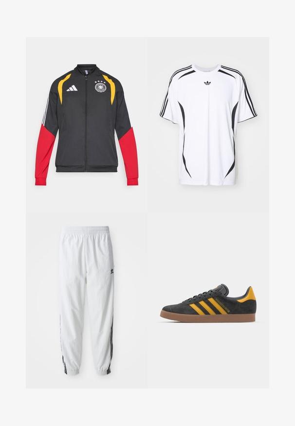 Black jacket with red and yellow accents, featuring three white stripes on sleeves and German team emblem on chest, made of lightweight fabric.; White short-sleeve t-shirt featuring black side accents and three black stripes on shoulders. Includes small black logo on chest.; White athletic pants with black side stripes, elastic waistband, and cuffs; features Adidas logo on the left thigh. Smooth fabric texture.; Black suede sneaker with yellow accents, featuring three stripes and a brown rubber sole. Includes a padded tongue for comfort.