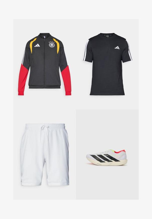 Juoda striukė su raudonomis ir geltonomis detalėmis, ant rankovių yra trys baltos juostos, krūtinės srityje – Vokietijos komandos emblemą, pagaminta iš lengvos medžiagos.; Juodas medvilninis marškinėlis trumpomis rankovėmis, su baltais dryžiais ant pečių ir baltu logo kairiajame krūtinėje.; Balti sportiniai šortai su elastingu juosmeniu ir reguliuojamu raiščiu. Lygus audinys su subtilia tekstūra, su šoninėmis kišenėmis.; Baltos bėgimo bateliai su juodomis juostelėmis, neoninių žalių akcentų ir raudonu kulnu. Jie pasižymi lengvu dizainu ir tekstūruotu padu, kuris suteikia sukibimą.