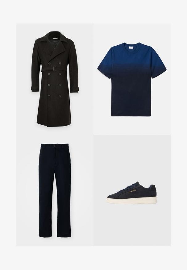 Casaco escuro em mistura de lã, com abotoadura dupla, apresentando colarinho com gola em bico, mangas compridas e cinto na cintura; finalizado com grandes botões pretos e bolsos laterais.; T-shirt de algodão azul marinho com decote redondo, mangas curtas e um design de gradiente subtil que vai de tons mais claros para mais escuros.; Calças azul marinho em algodão, com um design de perna reta, fecho frontal com botão e cinta clássica com passantes para cinto.; Sapatilhas baixas em camurça azul-marinho com sola branca, atacadores azuis-marinho e o logótipo "Filling Pieces" em dourado na lateral.
