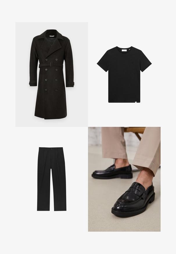 Tamni kaput od mješavine vune, dvoredni s rubom s urezom, dugim rukavima i remenom u struku; dovršen velikim crnim gumbima i bočnim džepovima.; Crna kratka majica s kratkim rukavima od pamuka, s okruglim izrezom i malim logotipom izvezenim na prsima. Glatka tekstura, standardni kroj.; Crne hlače ravnog kroja, izrađene od glatkog materijala. Imaju prednje nabore i jedan dugme na struku.; Crne kožne mokasine s glatkom obradom, koje imaju dekorativnu traku i kontrastnu šav, u kombinaciji s bež hlačama.