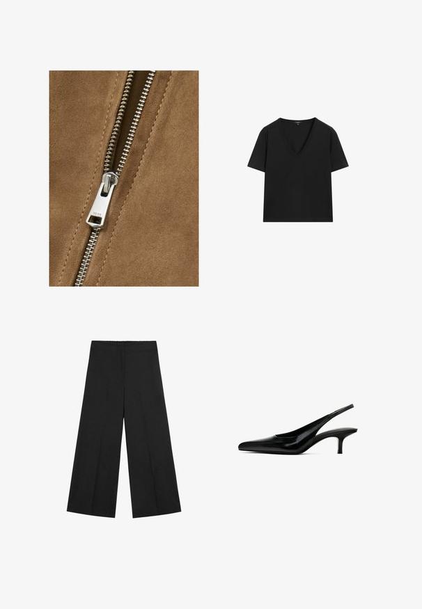 Brunt ruskind med en sølvmetallåsdetalje, der viser en glat tekstur og tæt placerede tænder, hvilket forbedrer tøjets design.; Sort kortærmet V-hals T-shirt med et simpelt, tætsiddende design på en hvid baggrund.; Sorte bukser med vidde i benene og elastisk taljebånd. Fremstillet af let stof med en glat tekstur og rent, minimalistisk design.; Sorte spidse slingback sko med en blank læderfinish og en tynd, lav hæl. Har et udskæringsdesign på siden for åndbarhed.