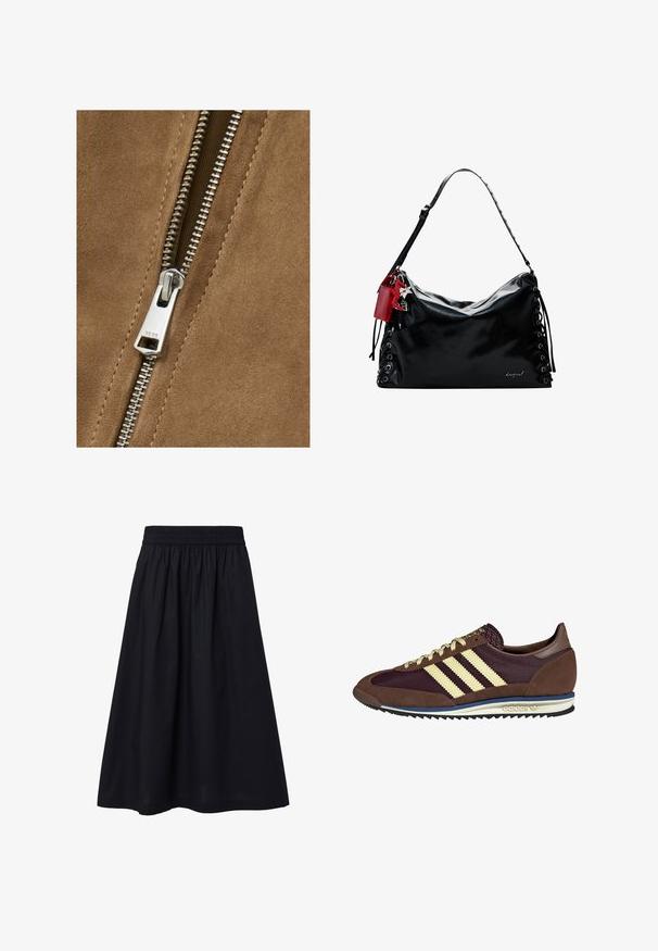 Tessuto scamosciato marrone con dettagli in metallo argentato sulla zip, che mostra una superficie liscia e denti ravvicinati, migliorando il design del capo.; Top nero a maniche corte con scollatura alta e vestibilità morbida. Realizzato in tessuto morbido con una superficie liscia. Nessun motivo o grafica visibile.; Gonna nera di lunghezza al ginocchio realizzata in tessuto leggero. Dotata di una vita elasticizzata e di una texture semplice e liscia. Nessun motivo o embellimento visibile.; Sneaker marrone e bordeaux realizzato in materiali scamosciati e in rete, caratterizzato da tre strisce color crema, tessuto testurizzato sulla linguetta e suola in gomma.; Borsa a tracolla in pelle nera con un design morbido, dettagli in pizzo sui lati e un'etichetta rossa. Presenta una lunga tracolla regolabile.