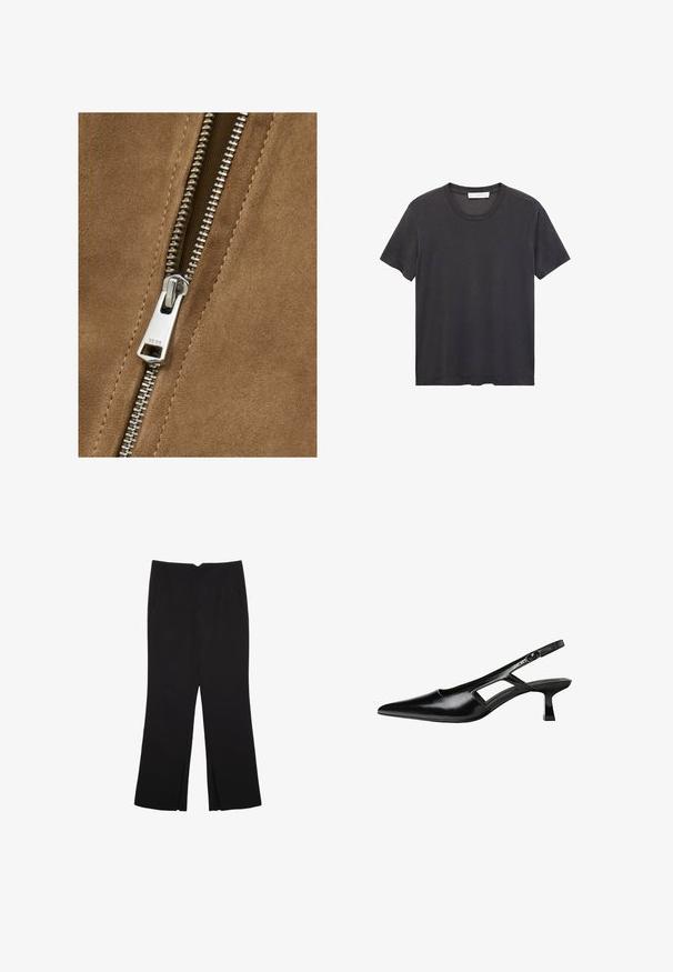 Brunt ruskind med en sølvmetallåsdetalje, der viser en glat tekstur og tæt placerede tænder, hvilket forbedrer tøjets design.; Sort crew-neck t-shirt lavet af blødt bomuldsstof. Korte ærmer, afslappet pasform og lige kant uden udsmykninger eller mønstre.; Sorte bukser med lige pasform, der har frontlommer og slidser i kanten. Lavet af blødt, glat stof. Velegnet til forskellige anledninger.; Sorte patentlæder slingback hæle med spids tå, udskåret sideskærm og en lille firkantet hæl. Glat tekstur med minimale detaljer.