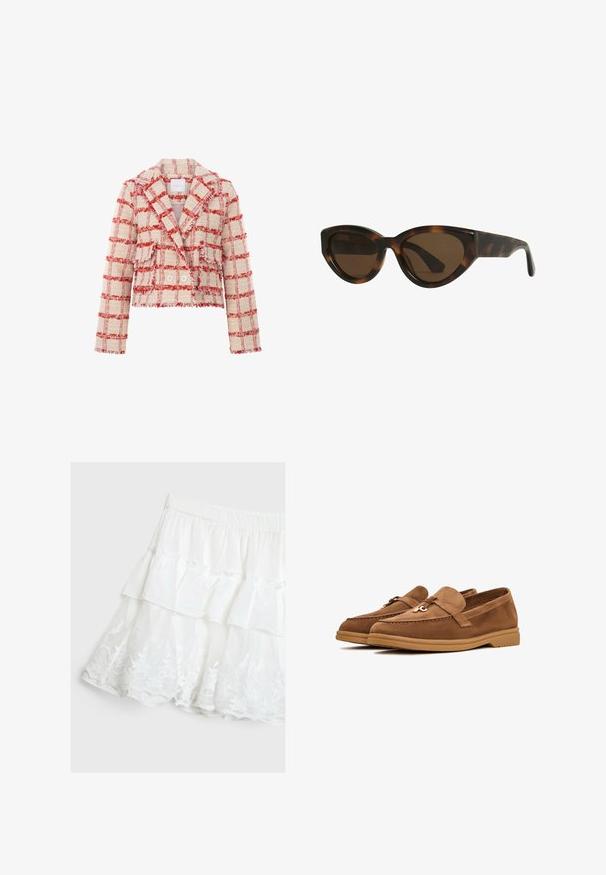 Zkrácená bunda vyrobená z texturované tkaniny v červeno-krémovém kostkovaném vzoru, s špičatým límcem, dvěma knoflíky a odstřiženými okraji.; Pletený bezrukávový top v barvě slonové kosti s texturovaným, otevřeným vzorem. Vlnité okraje na průramech a dolním lemě dodávají detail.; Bílá vrstvená sukně vyrobená z lehkého materiálu, s volánkovým designem a květinovou krajkovou lemovkou na spodním okraji. Elastický pas.; Hnědé semišové mokasíny s plochou podrážkou, které mají dekorativní mašličku a jemné švy. Design s kulatou špičkou.; Kočičí sluneční brýle ve stylu želvoviny s hnědými skly, se hladkými, lesklými plastovými rámy a moderním designem. Žádné viditelné logo ani akcenty.