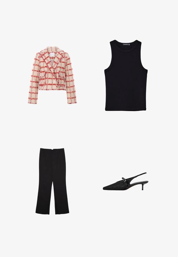 Afskåret jakke lavet af tekstureret stof i et rødt og cremegulternet mønster, med spidse kraver, to knapper og frynset kanter.; Sort tank top lavet af bomuld, med rund halsudskæring og brede armhuller. Glat tekstur med syede kanter. Klassisk, minimalistisk design.; Sorte bukser med lige pasform, der har frontlommer og slidser i kanten. Lavet af blødt, glat stof. Velegnet til forskellige anledninger.; Sorte slingback hæle med spidse tæer, tekstureret mesh-overdel, slank justerbar rem med sølvspænde og 5 cm stilettohæle.