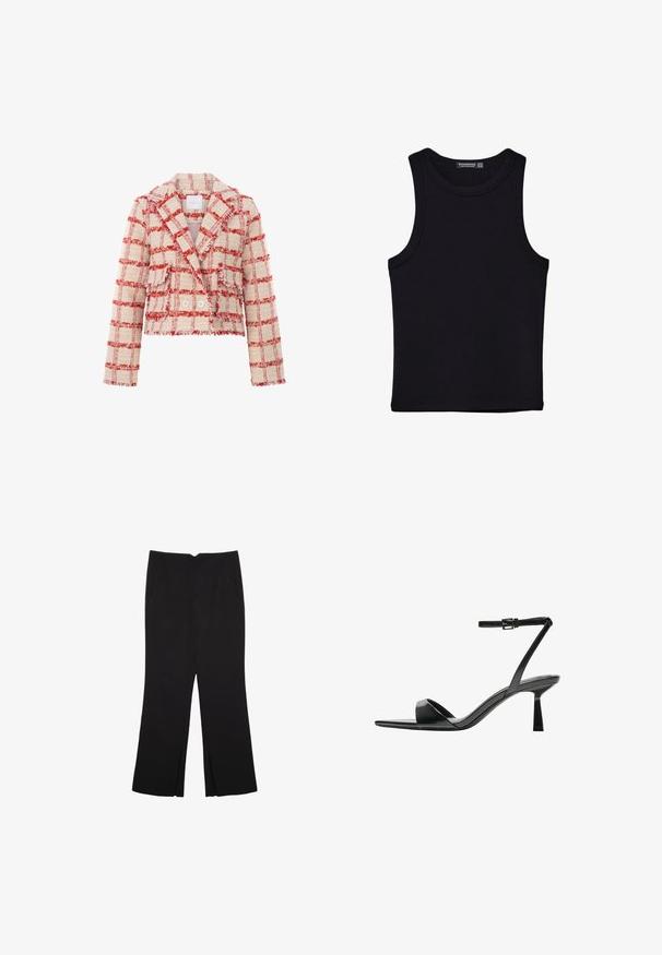 Lyhyt takki, joka on valmistettu teksturoidusta kankaasta punaisessa ja kerma-ruutukuosisessa, jossa on terävä kaulus, kaksi nappia ja risat reunat.; Musta hihaton paita, joka on valmistettu puuvillasta, ja jossa on pyöreä kaula-aukko sekä leveät kainaloaukot. Silkkinen pinta ja ommellut reunat. Klassinen, minimalistinen muotoilu.; Mustat housut suoralinjaisella leikkauksella, joissa on etutaskut ja sivurei'ät helman alla. Valmistettu pehmeästä ja sileästä kankaasta. Sopii eri tilaisuuksiin.; Bershka Korolliset sandaalit - black