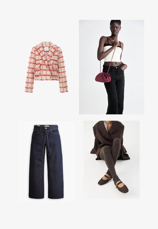 Zkrácená bunda vyrobená z texturované tkaniny v červeno-krémovém kostkovaném vzoru, s špičatým límcem, dvěma knoflíky a odstřiženými okraji.; Černý dlouhý rukáv rolák. Měkká tkanina, slim fit design, vysoký límec a boční švy. Jednoduchý a univerzální styl vhodný na vrstvení.; Široké tmavě modré džíny se zvýšeným pasem, opatřené stahovací šňůrou, pěti kapsami a kontrastním prošíváním.; Hnědé žebrované podkolenky spárované s hnědými semišovými Mary Jane balerínami s ozdobným páskem a přezkou, nošené s tmavým kabátem.; Burgundská měkká taška s nabíraným designem a dlouhým popruhem, nošená přes tělo. Model má na sobě bílý crop top a černé džíny.