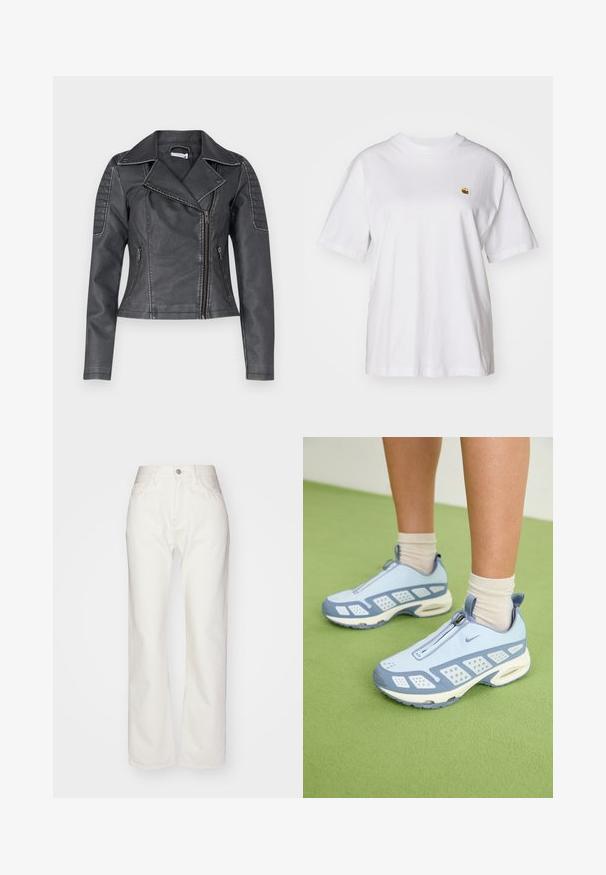 Veste de moto en simili cuir noir avec des zips argentés, épaules rembourrées et col à revers. Comprend deux poches latérales.; T-shirt en coton blanc avec une coupe décontractée, des manches courtes et un petit logo brodé sur la poitrine gauche.; Pantalons en denim blanc avec une taille haute et une coupe évasée. Comprend une fermeture à bouton et à fermeture éclair, des passants de ceinture et des détails de couture subtils.; Baskets de sport bleu clair avec des accents blancs, des panneaux texturés et une fermeture éclair. Dotées d'une semelle avec coussin d'air visible et d'une semelle en caoutchouc.