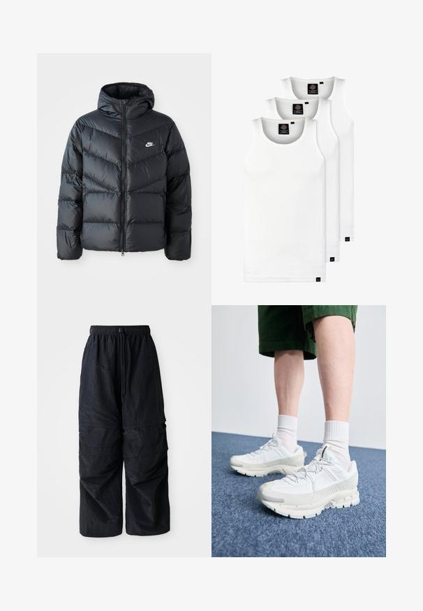 Czarna kurtka puchowa z kapturem, z zamkiem z przodu, w karoowy wzór, z bocznymi kieszeniami i logo Nike na piersi.; Trzy białe prążkowane koszulki na ramiączkach wykonane z bawełny. Posiadają okrągły dekolt i małe czarne metki blisko dolnego brzegu. Dostępne w różnych rozmiarach.; Czarne lekkie spodnie cargo z nylonu, z elastycznym paskiem w talii, regulowanym sznurkiem i wieloma warstwowymi kieszeniami na nogach.; Białe buty sportowe z teksturowanymi nakładkami, masywną podeszwą i szarymi akcentami. Nosi się je z białymi skarpetami do kostek i zielonymi szortami na niebieskiej powierzchni.
