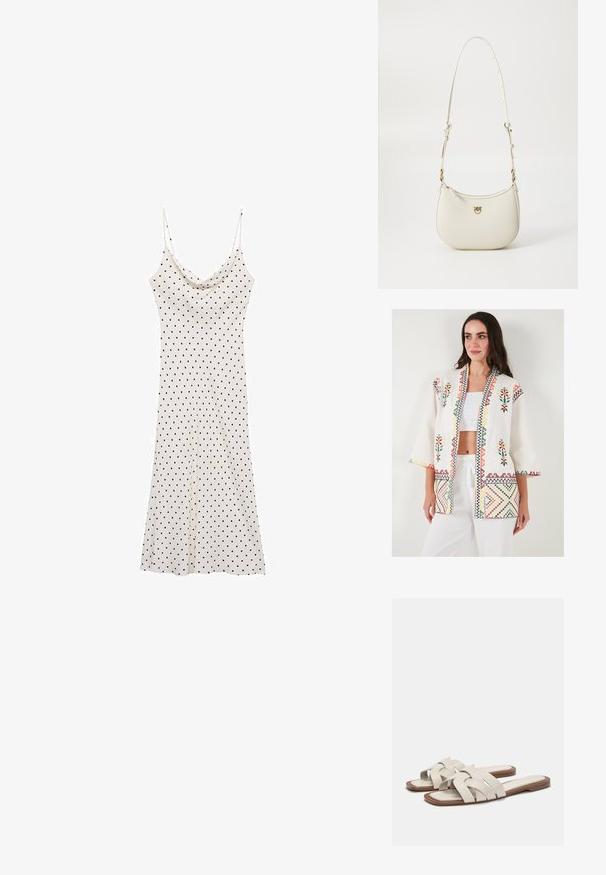 LELA LOOSE FIT - Let jakke / Sommerjakker - ecru; Ärmløs kjole i blødt, let stof; cremefarvet baggrund med sorte prikker; draperet halsudskæring og flydende silhuet.; Lys beige slidesandal med vævede stropper, der har en flad sål og minimalistisk design. Glat tekstur med subtile farvekontrastdetaljer.; Hvid læder skuldertaske med justerbar rem og guldfarvet hardware. Har en buet form og en lynlåslukning med en præget logo detalje.