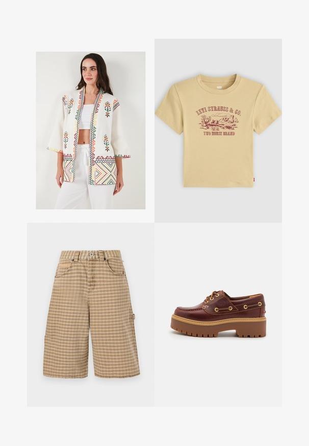 LELA LOOSE FIT - Summer jacket - ecru; Beige cotton t-shirt with short sleeves featuring a maroon graphic print of a mountain landscape and "Levi Strauss & Co. Two Horse Brand."; BDG Urban Outfitters CHECK NICOLA JORT - Shorts - beige; Brown leather boat shoe with a chunky brown rubber sole, gold eyelets, and contrast stitching. Features a logo on the side.