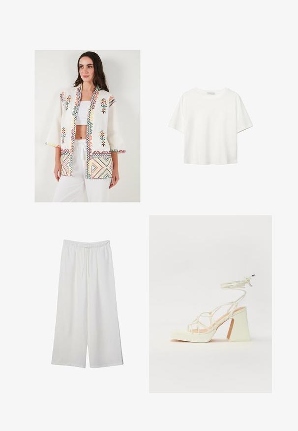 LELA LOOSE FIT - Let jakke / Sommerjakker - ecru; Hvid kortærmet t-shirt lavet af bomuld. Har en rund halsudskæring og en afslappet pasform. Glat tekstur uden synlige mønstre eller detaljer.; Hvide vidde bukser lavet af letvægtsstof, med en elastisk talje og snøre for justerbar pasform. Glat tekstur.; Hvide højhælede sandaler med en kraftig hæl, der har et stropdesign og ankelbinding. Glat tekstur med en platform foran for ekstra højde.