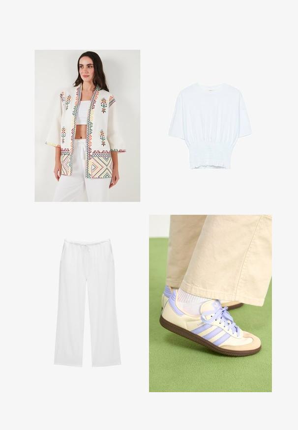 LELA LOOSE FIT - Ljetna jakna - ecru; Bijela majica kratkih rukava s opuštenim krojem i nabrano teksturom na struku. Izrađena od mekog, laganog materijala.; Bijele široke hlače izrađene od mekanog materijala, s elastičnom gumom u struku i vezicom, te dva bočna džepa. Jednostavan i uredan dizajn.; Kremasto-ljubičaste tenisice s tri pruge i strukturiranim smeškim potplatom, s vezicama i podstavljenim petom. Mekana gornja tkanina.