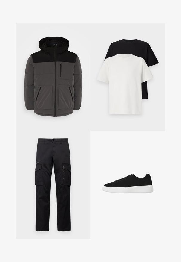 Šedá péřová bunda s černými akcenty, vybavená kapucí, předním zipem a dvěma bočními kapsami, z nichž jedna je se zipem, a viditelnými švy.; Sada bavlněných triček, která obsahuje černé a bílé tričko, obě s krátkým rukávem, kulatým výstřihem a standardním střihem. Texturovaná látka.; Černé cargo kalhoty s několika kapsami, zipovou kapsou na stehnu, přímým střihem a pevnou bavlněnou tkaninou s lehkým leskem.; Černé semišové tenisky s kulatou špičkou, šněrovacím předkem a bílou gumovou podrážkou. Jednoduchý design s minimálními akcenty a hladkým povrchem.