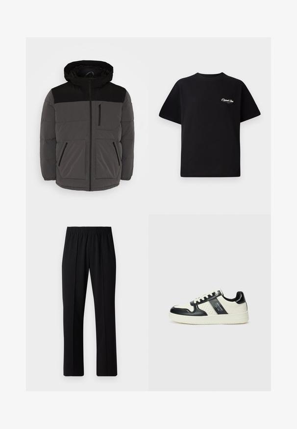 Gray puffer jacket with black accents, featuring a hood, zipper front, and two side pockets, one zippered, and visible stitching details.; Black cotton t-shirt featuring a crew neckline, short sleeves, and small white logo text on the left chest. Simple design, classic fit.; Black, elastic-waist trousers with a straight-leg design, featuring a smooth texture and no visible patterns or hardware.; Leather sneakers with a black and cream color scheme, featuring perforated accents, a padded collar, and a textured outsole.