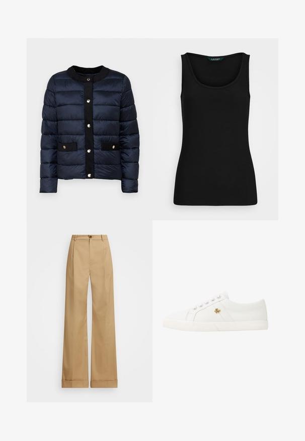 Navy puffer jacket with quilted texture, round neckline, front snap buttons, and two black fabric patch pockets with gold accents.; Black ribbed tank top with a rounded neckline, fitted shape, and seamless edges. Fabric is soft and stretchy. Label reads "LAUREN."; Beige wide-leg trousers with a button closure, featuring a smooth texture and pressed creases. Cuffed hems for added detail.; Lauren Ralph Lauren JANSON II CANVAS SNEAKER - Trainers - optic white