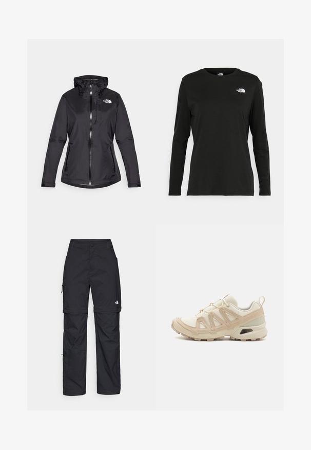 Svart vattentät jacka med huva, dragkedja fram, justerbara snoddar och två sidofickor med dragkedja. Har en logo på bröstet.; Svart långärmad t-shirt i bomull med rund hals. Har en liten vit logotyp på vänster bröstområde. Enkelt design och passform.; Svarta nylonbyxor med avtagbara ben, justerbara muddar, flera fickor och en logotyp på högra benet. Slät, lätt textur.; Beige och krämfärgad atletisk sko med texturerad meshovandel, stöttande överdrag och gummisulor med ett mönster för grepp.