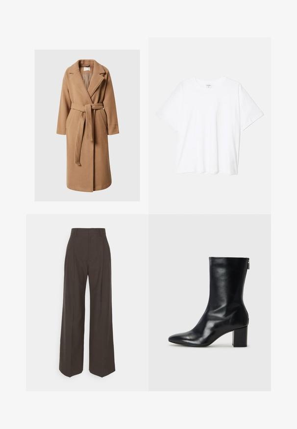 Bež kaput od vune s mješavinom, s remenom, dugim rukavima i velikim revereima. Ima bočne džepove i ležeran kroj. Glatka tekstura.; Bijela pamučna majica s kratkim rukavima, okruglim izrezom, opuštenim krojem i šivenim rubom. Etiketa je vidljiva na unutarnjoj strani vrata.; Tamno smeđi hlače širokih nogavica s visokim strukom, s uredno peglanim naborima, glatkom teksturom i krojem koji dobro pristaje.; Crne kožne gležnjače s oštrim vrhom i blok petom visokom 4 cm. Elegantni dizajn s bočnim patentnim zatvaračem za jednostavno obuvanje. Glatka tekstura.