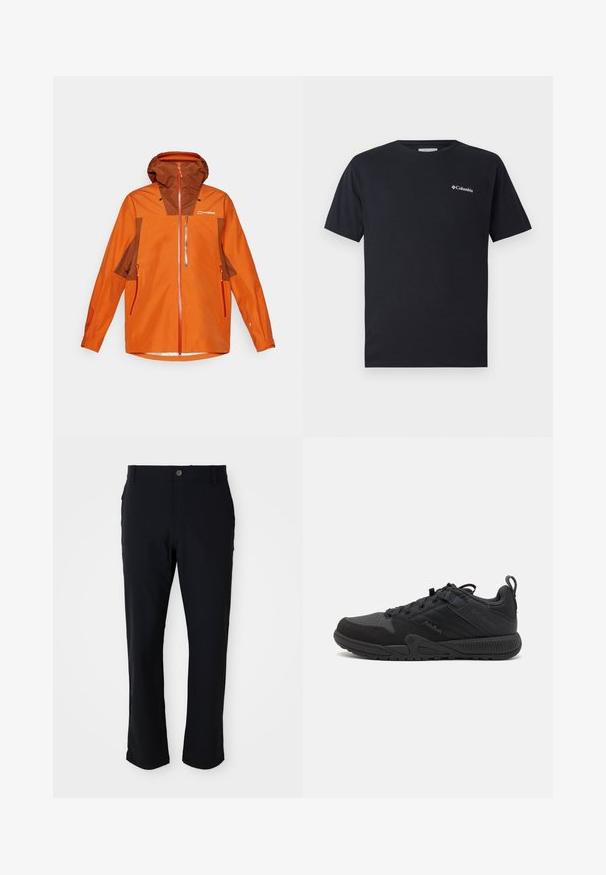 Oranžna zunanja jakna z rjavim kapuco, z zadrgo spredaj, dvema stranskima žepoma in kontrastnimi barvnimi paneli, izdelana iz vodoodpornega materiala.; Črna kratkohlavna majica iz bombaža, ki ima majhen bel Columbia logotip na levem prsnem predelu. Klasično okroglo izrezovanje in sproščen kroj.; Črne hlače z zapiranjem na gumb, ravna kroja, gladke teksture in stranskimi žepi, primerne za različne priložnosti.; Črne atletske čevlje z mrežastim in semiš zgornjim delom, z ojačanimi področji, zaobljenim prstom, teksturiranim podplatom in zankico na peti.
