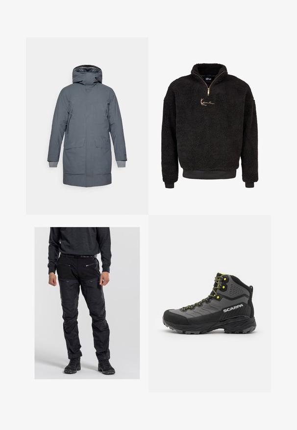 Houdini FALL IN - Parkaer - thunder gray; Sorte fleece-pullover med halv lynlås foran og høj krave. Har et guld broderet logo samt ribbede manchetter og kant. Blød, struktureret overflade.; Sorte udendørsbukser lavet af slidstærkt stof, med flere lynlåslommer, en tekstureret overflade og forstærkede knæområder. Båret med mørkt fodtøj.; Sort og grå vandrestøvle med tekstiler, lysende gule detaljer, forstærket tå og gummisål med dybe riller for godt greb.