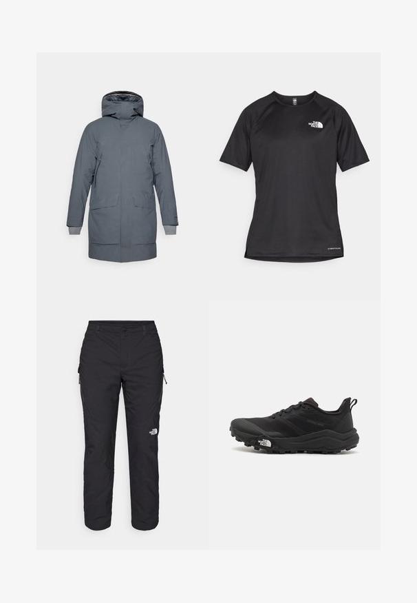 Houdini FALL IN - Parka - thunder gray; T-shirt de sport noir à manches courtes avec un tissu texturé, arborant un logo blanc sur la poitrine gauche et un ourlet droit.; The North Face WINTER EXPLORATION TAPERED CARGO - Pantalons outdoor - black; Chaussure de trail running noire avec une tige texturée, semelle en caoutchouc et bout renforcé. Présente un col rembourré et une tirette pour un enfilage facile.