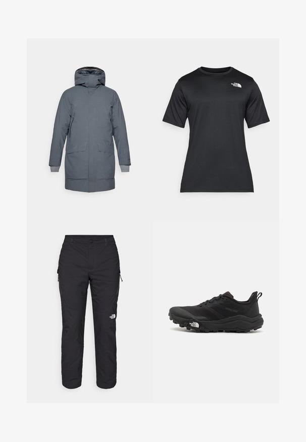 Houdini FALL IN - Parka - thunder gray; Crna majica kratkih rukava od lagane, prozračne tkanine koja upija vlagu. Ima bijeli logo na lijevoj strani prsnog koša i okrugli izrez.; The North Face WINTER EXPLORATION TAPERED CARGO - Hlače za otvoreno - black; Crne trail trkačke cipele s teksturiranim gornjim dijelom, gumeni potplat i ojačana zaštita za prste. Imaju podstavljen ovratnik i trakicu za lakše obuvanje.