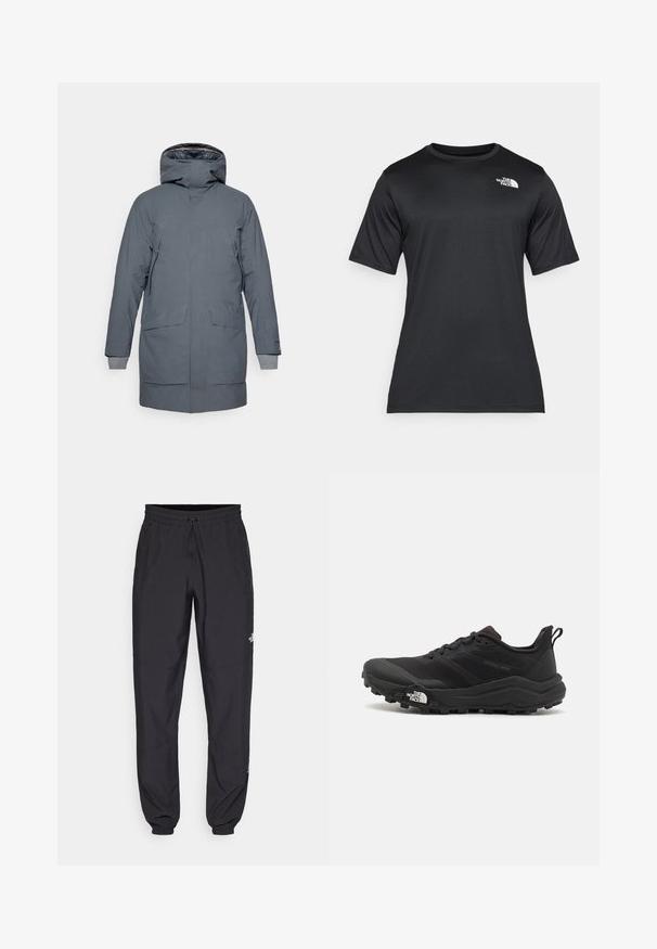 Houdini FALL IN - Parka - thunder gray; Melnā īsās piedurknes T-kreklā, izgatavotā no viegla, mitrumu uzsūcoša auduma. Tam ir balts logo kreisajā krūtīs un apaļa kakla izgriezums.; Melni sporta bikses, kas izgatavotas no viegla auduma, ar savelcamu jostu, sānu kabatām un sašaurinātiem apakšējiem galiem pie potītēm.; Melnas taku skriešanas kurpes ar teksturētu virsu, gumijas zoli un pastiprinātu pirkstu daļu. Aprīkotas ar mīkstu apkakli un vilkšanas cilpu, lai viegli uzvilktu.