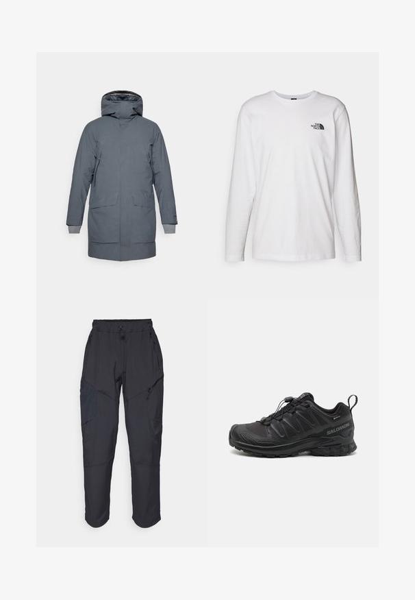 Houdini FALL IN - Parka - thunder gray; T-shirt bianco a maniche lunghe in cotone con colletto rotondo. Presenta un piccolo logo nero sul petto. Texture liscia, vestibilità regolare.; Pantaloni cargo neri realizzati in un materiale leggero e resistente all'acqua; presentano una vita elastica, diverse tasche con zip e gambe affusolate.; Scarpa sportiva nera con parte superiore in sintetico testurizzato, suola imbottita e sistema di allacciatura rapida. Presenta una punta e un tallone rinforzati.