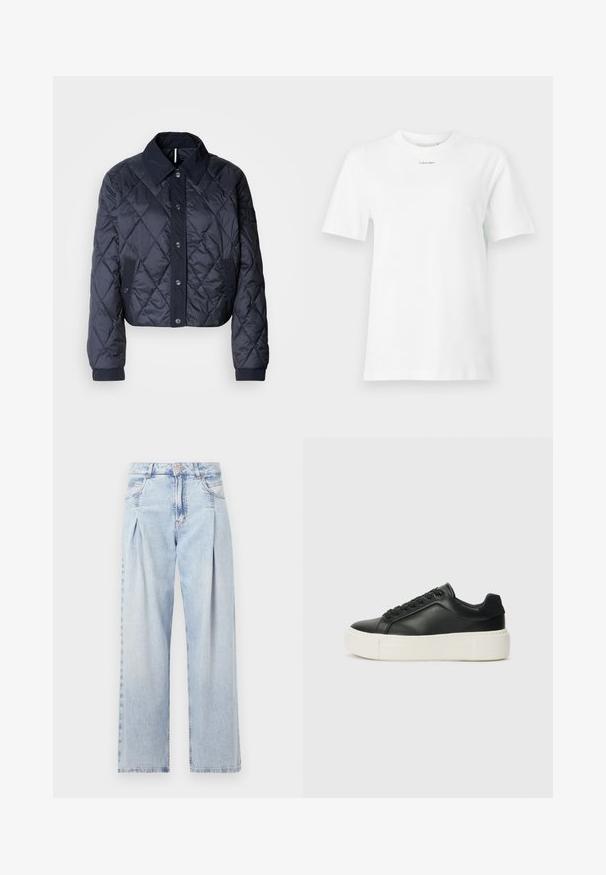 Mørkeblå quiltet jakke med en stor krave, knaplukning foran og elastiske manchetter. Har diagonal syning og sidelommer. Blød, glat tekstur.; Hvid bomulds t-shirt med rund hals, korte ærmer og et lille sort "Calvin Klein" logo på brystet. Enkel design uden mønstre.; Lyseblå denim jeans med høj talje, bred benåbning, to sidelommer og plisseret design. Blød tekstur med et falmet finish.; Sort lædersneaker med rund tå, hvid platformssål og sorte snørebånd. Har et diskret logo på hælen og en glat overflade.