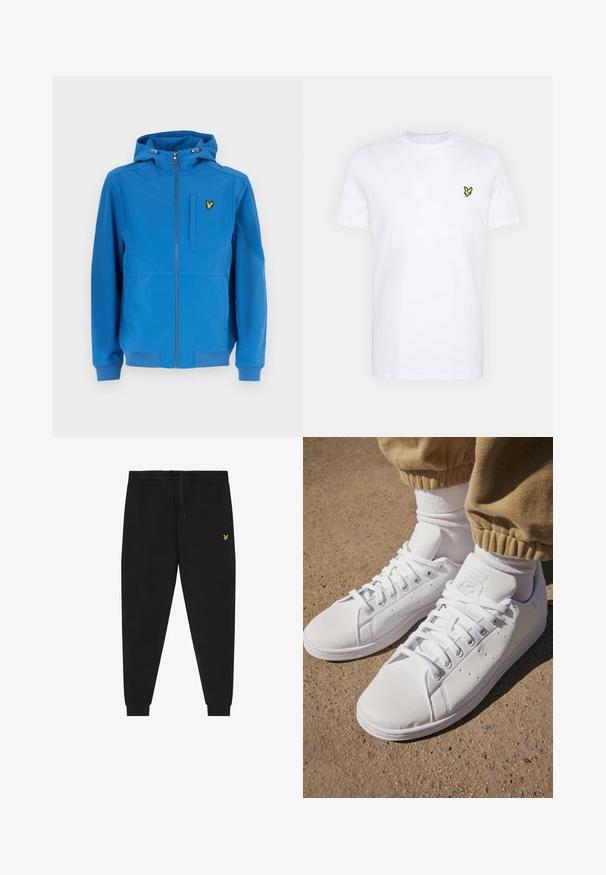 Lyle & Scott JACKET - Lengva striukė - spring blue; Balta medvilnės marškinėliai su mažu juodu ir geltonu išsiuvinėtu logotipu kairėje krūtinės pusėje. Trumpi rankovės ir apvalus kaklas.; Juodos jogger stiliaus kelnės su elastinga juosmens juosta ir raišteliu, siaurėjančiomis kojų dalimis su apačios manžetėmis ir mažu geltonu siuvinėtu logotipu dešinėje šlaunyje.; Balti odiniai sportbačiai su lygia paviršiumi, pasižymintys klasikiniu raištelių dizainu, perforacijomis, užtikrinančiomis oro pralaidumą, ir tekstūra guminėmis padangomis.