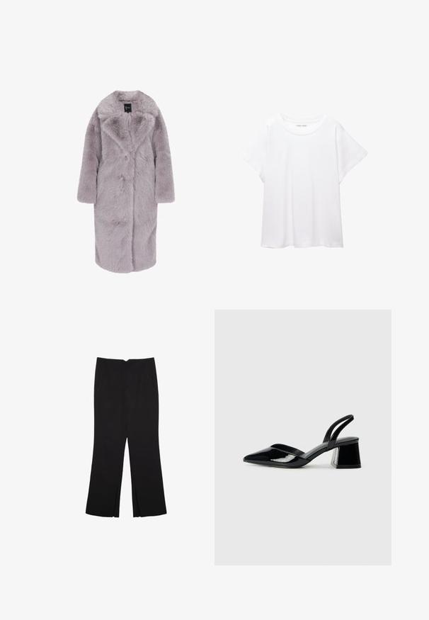 Faux fur coat in light lavender, mid-length with a soft, fluffy texture. Features a notched collar, front button closure, and long sleeves.; White T-shirt made of soft, lightweight fabric. Features a round neckline and short, wide sleeves with a relaxed fit. No visible patterns.; Black trousers with a straight fit, featuring front pockets and side slits at the hem. Made of soft, smooth fabric. Suitable for various occasions.; Black patent leather slingback heels with a pointed toe and a geometric block heel. Features a sleek, minimal design and smooth texture.