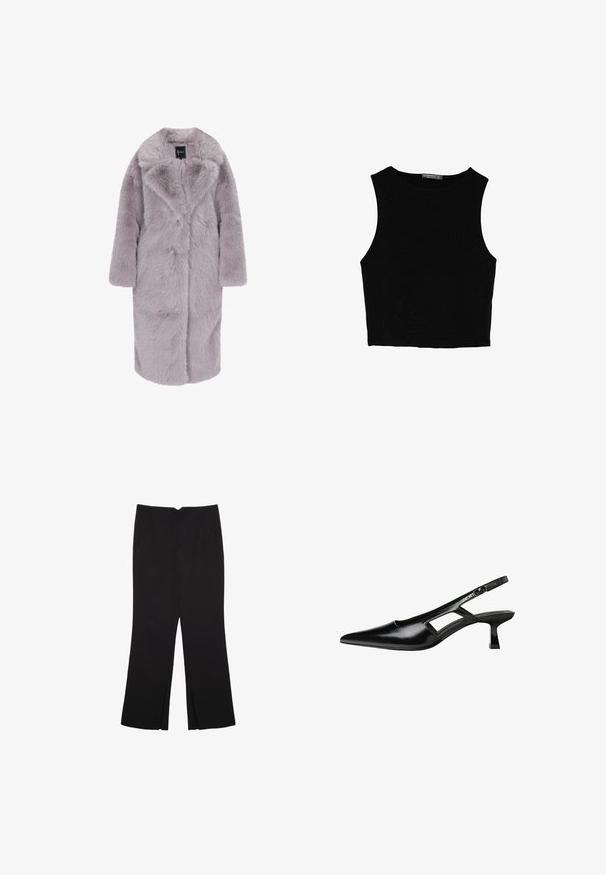 Faux fur frakke i lys lavendel, mellemlang med en blød, fluffy tekstur. Har en spids krave, frontknaplukning og lange ærmer.; Sort ærmeløs crop top lavet af glat stof, med rund hals og et rent, enkelt design uden mønstre eller hardware.; Sorte bukser med lige pasform, der har frontlommer og slidser i kanten. Lavet af blødt, glat stof. Velegnet til forskellige anledninger.; Sorte patentlæder slingback hæle med spids tå, udskåret sideskærm og en lille firkantet hæl. Glat tekstur med minimale detaljer.