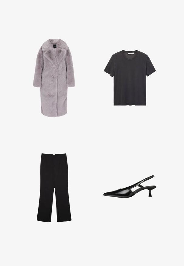 Faux fur coat in light lavender, mid-length with a soft, fluffy texture. Features a notched collar, front button closure, and long sleeves.; Black crew-neck t-shirt made of soft cotton. Short sleeves, relaxed fit, and straight hem with no embellishments or patterns.; Black trousers with a straight fit, featuring front pockets and side slits at the hem. Made of soft, smooth fabric. Suitable for various occasions.; Black patent leather slingback heels with a pointed toe, cut-out side design, and a small square heel. Smooth texture with minimal accents.