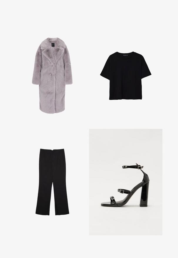 Nepvacht in licht lavendel, middellang met een zachte, donzige textuur. Heeft een notch-kraag, sluiting met knopen aan de voorkant en lange mouwen.; Zwart kortemouwen t-shirt van katoen. Heeft een ronde hals en een losse pasvorm met een gladde, egaal textuur. Geen zichtbare patronen of accenten.; Zwarte broek met een rechte pasvorm, voorzien van zijzakken en plooien aan de onderzijde. Gemaakt van zachte, gladde stof. Geschikt voor verschillende gelegenheden.; Zwarte gepatenteerde sandalen met hak en een vierkante neus, enkelbandjes en zilveren gespen. Heeft een stevige blokhak voor stabiliteit.