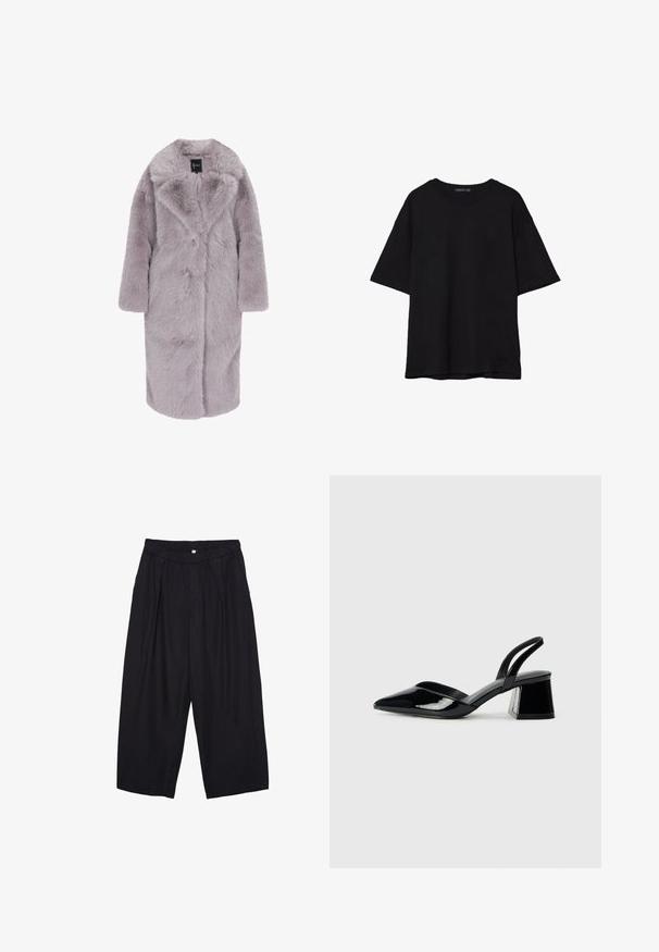 Cappotto in pelliccia sintetica di un leggero color lavanda, di lunghezza media con una texture morbida e soffice. Presenta un colletto a rever, chiusura frontale con bottoni e maniche lunghe.; T-shirt in cotone nero con vestibilità rilassata, maniche corte, scollatura arrotondata e una texture liscia. Nessuna trama o accento visibile.; Pantaloni culotte neri in poliestere con una cintura elastica, due pieghe frontali e una silhouette ampia. Nessun motivo visibile o dettagli in metallo.; Décolleté in vernice nera con punta affusolata e tacco in geometria cubica. Presentano un design elegante e minimalista, con una texture liscia.