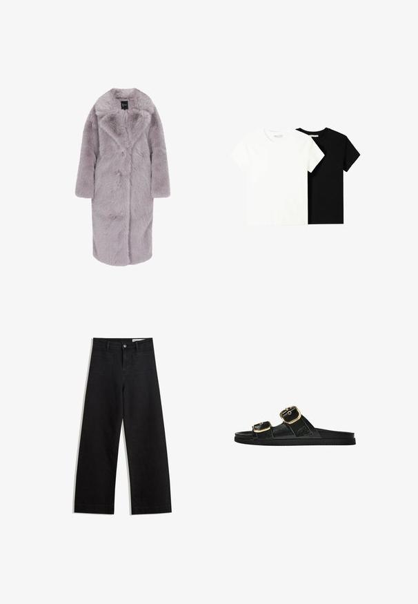 Palton din blană artificială de culoare lavandă deschisă, de lungime medie, cu o textură moale și pufoasă. Dispune de un guler cu colțuri, închidere cu nasturi în față și mâneci lungi.; Două tricouri cu mânecă scurtă, unul alb și unul negru, fabricate din bumbac. Ambele au un guler rotund și un design simplu, clasic.; Pantaloni din denim negri cu picioare largi, cu talie înaltă, având buzunare frontale și posterioare, cusături dublate și închidere cu nasture. Textură netedă.; Sandalie negre cu toc plat, cu două accente de cataramă aurie, din material texturat neted și design minimalist.