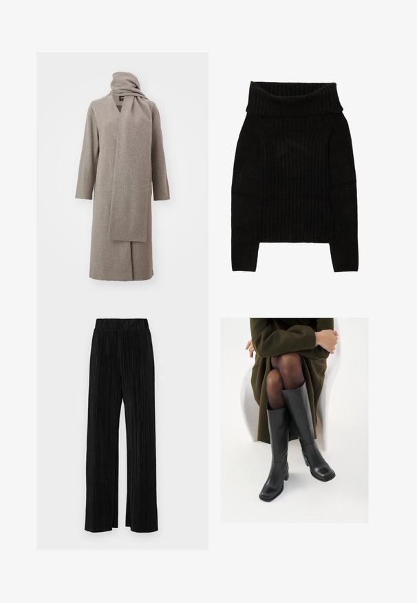 Pilkas vilnonis paltas su ilgomis rankovėmis ir derančia šaliku. Turi laisvą siluetą ir minimalistinį dizainą. Švelni tekstūra ir kelio ilgio kirpimas.; Juodas megztinis su plačiu, sulankstytu kaklu, įvairiais raštais ir ilgomis rankovėmis, turintis trumpesnę siluetą.; Juodi plisuoti kelnės su elastine juosta. Turėkite plačias kojas ir glotnų, tekstūrinį audinį su vertikaliais dryžiais.; Juodos odinės pradžios ilgio bateliai su kvadratu formos nosimi ir bloko kulnu, demonstruojami su modeliu, sėdinčiu alyvuogių žalios spalvos švarku. Lygi tekstūra, minimalus puošimas.
